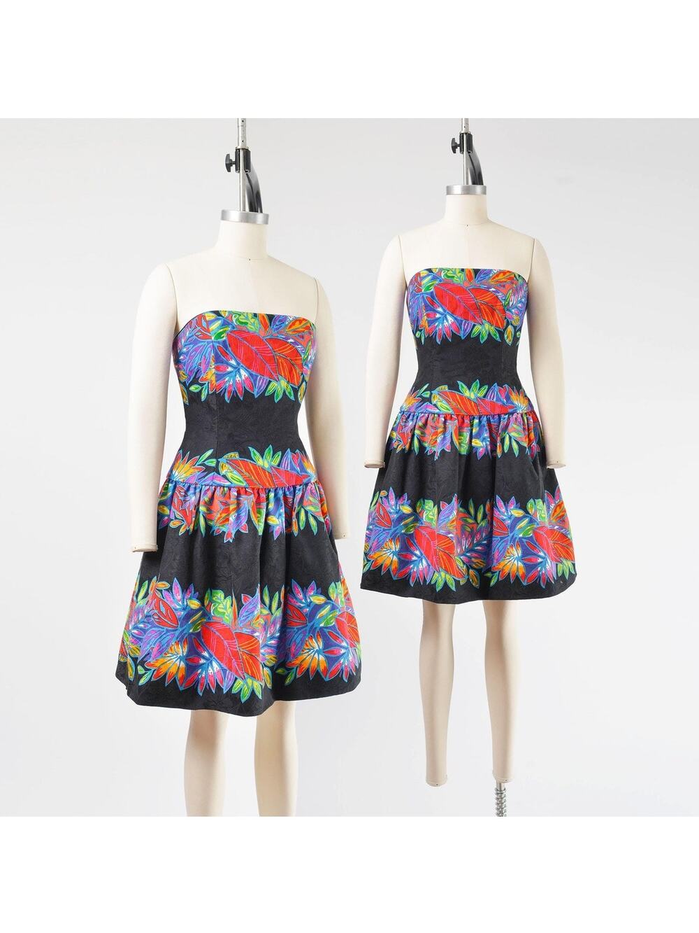 Vintage 80s Tropical Leaf Print Strapless Cotton Party Dress size S